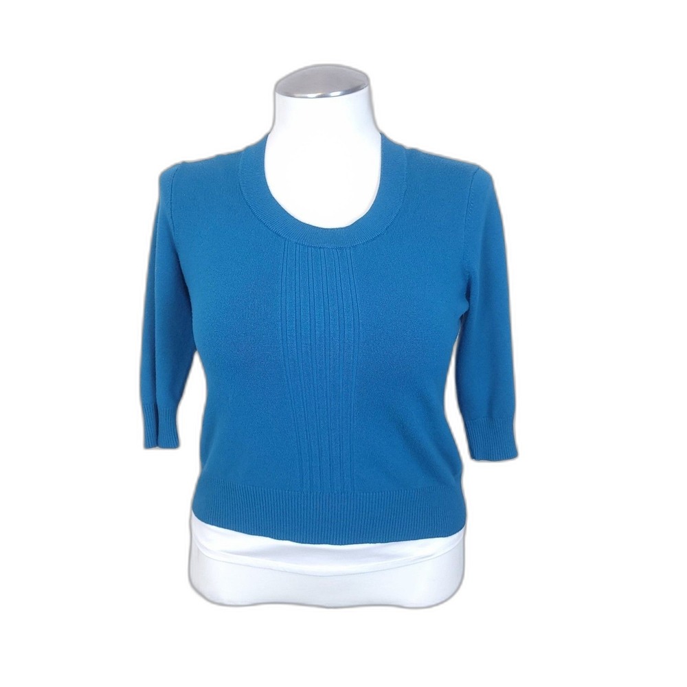 Investments Petites Sweater Womens PL Teal Blue 3/4 Sleeve Ribbed Pintuck
